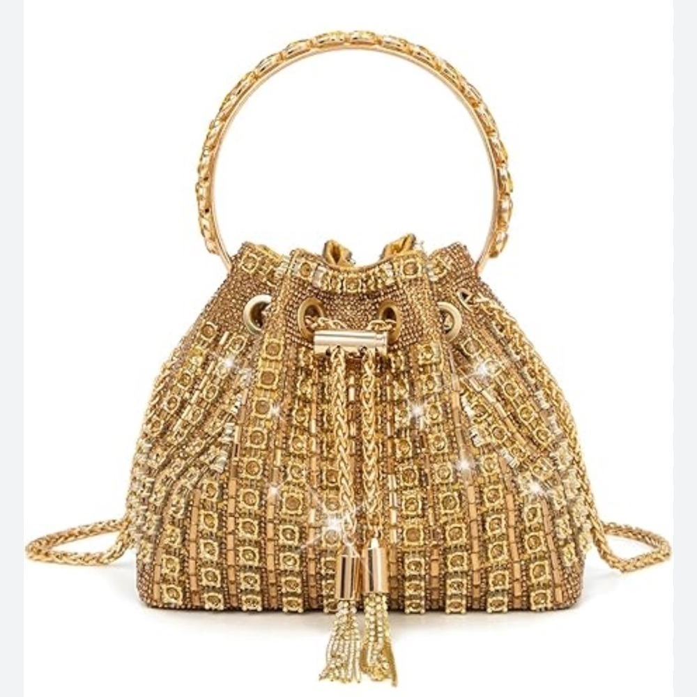 Gold Crystal-Embellished Drawstring Bucket Bag - Women